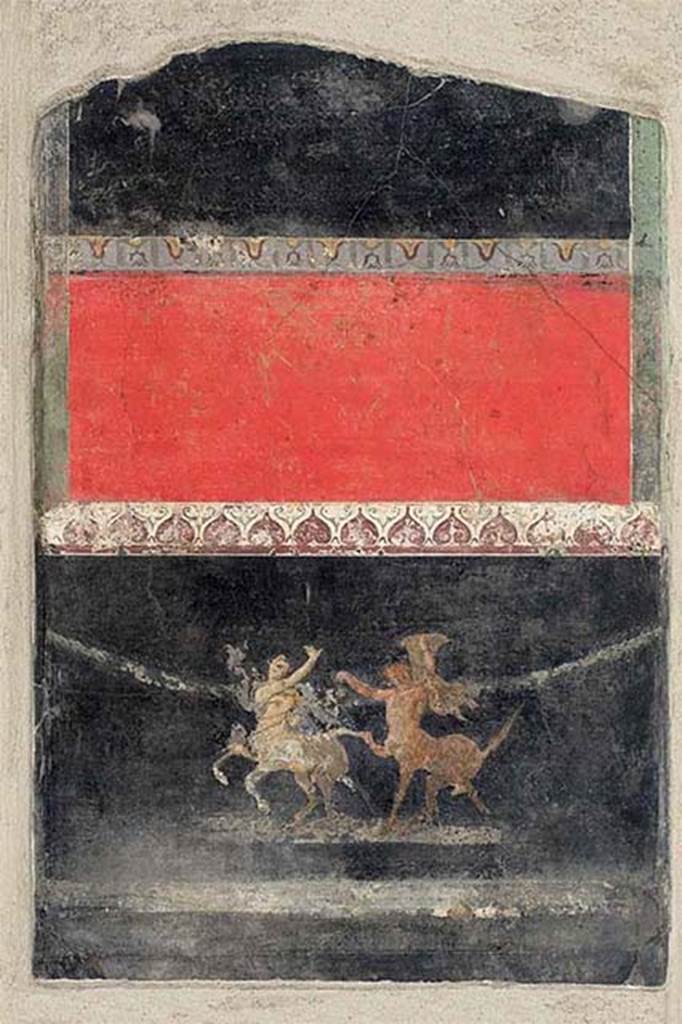Stabiae, Secondo Complesso. Room 13, fresco of lower part of a wall and zoccolo.
In the lowest part are two dancing centaurs, a female on the left and a male on the right.
SAP inventory number 64264.
