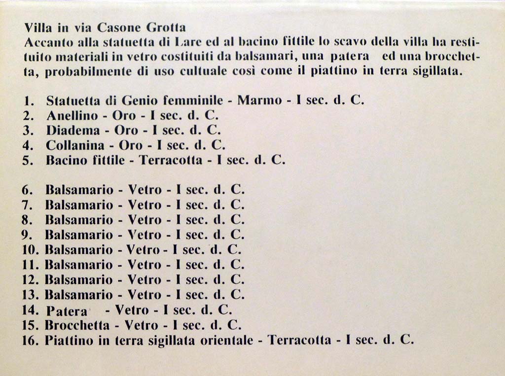 Boscoreale, Villa rustica in via Casone Grotta, proprietà Risi di Prisco. Boscoreale Antiquarium card listing some of the other finds.
Photo courtesy of Michael Binns.
