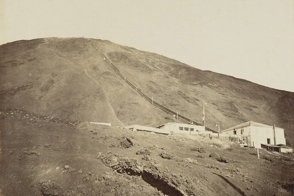 Vesuvius Funicular railway. Stazione Inferiore (Lower station) and line to summit. Unnumbered photo by Achille Mauri (1806-1883).