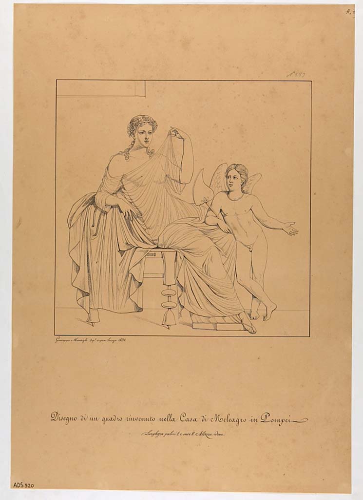 VI.9.2 Pompeii. Drawing by Giuseppe Marsigli, dated 1831 of female figure and cupid from room 28.
Now in Naples Archaeological Museum. Inventory number ADS 320.
Photo  ICCD. http://www.catalogo.beniculturali.it
Utilizzabili alle condizioni della licenza Attribuzione - Non commerciale - Condividi allo stesso modo 2.5 Italia (CC BY-NC-SA 2.5 IT)
