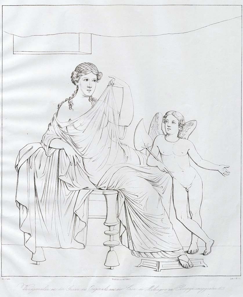 VI.9.2 Pompeii. Pre-June 1854. Drawing by Zahn of female figure, possibly Helen, and cupid from room 28.
See Zahn, W., 1852-59. Die schnsten Ornamente und merkwrdigsten Gemlde aus Pompeji, Herkulanum und Stabiae: III. Berlin: Reimer, taf. 58.
