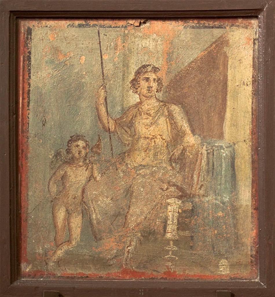 VI.9.2 Pompeii. Atalanta and cupid. Found in House of Meleager but exact location unknown.
Now in Naples Archaeological Museum.  Inventory number 8897.
See Helbig, W., 1868. Wandgemälde der vom Vesuv verschütteten Städte Campaniens. Leipzig: Breitkopf und Härtel. (1168)
See Schefold, K., 1957. Die Wände Pompejis. Berlin: De Gruyter. p. 114.
See Real Museo Borbonico X, Tav. XLIV.


