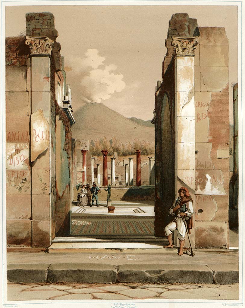 VI.12.2 Pompeii. Painting by T. Duclère showing entrance doorway and remaining graffiti.
See Niccolini F, 1854. Le case ed i monumenti di Pompei: Volume Primo. Napoli, Casa detta del Fauno, Tav. IX.