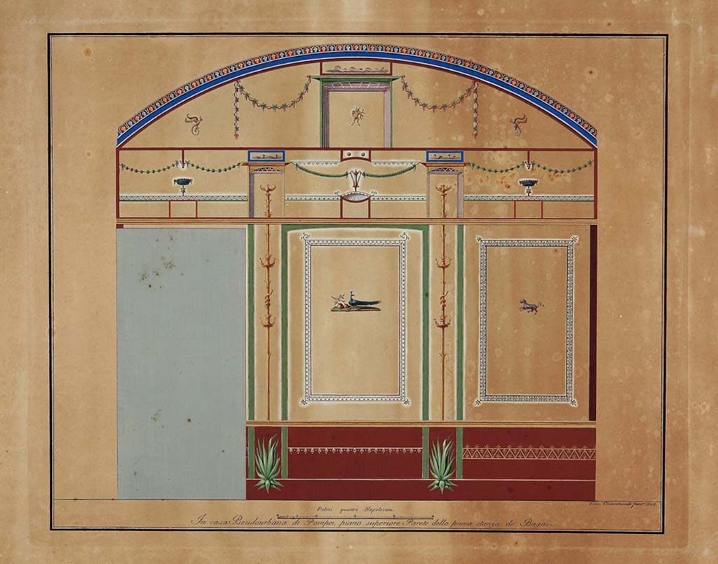 HGW24 Pompeii. South wall of apodyterium or changing room (or frigidarium) in baths complex, with doorway in south-east corner leading to tepidarium.
Illustrated by Giuseppe Chiantarelli, 1808, showing wall of the first room in the baths’ area on the upper floor. ADS 1146. 
(Villa Diomedes Project – area 9).
(Fontaine, room 3,2 in baths’ area).
Photo © ICCD. https://www.catalogo.beniculturali.it
Utilizzabili alle condizioni della licenza Attribuzione - Non commerciale - Condividi allo stesso modo 2.5 Italia (CC BY-NC-SA 2.5 IT)
