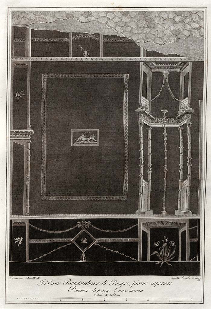 HGW24 Pompeii. Pre- 1838. Portion of the south wall of a room on the upper floor. 
Drawing by Francesco Morelli, engraved by Aniello Lamberti.
See Gli Ornati delle Pareti ed I Pavimenti delle Stanze dell’Antica Pompei, 1838, (No. 33).
(Villa Diomedes Project – area 16.)  
(Fontaine 2.10).
