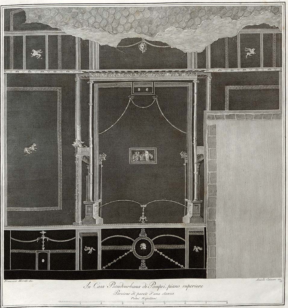 HGW24 Pompeii. East wall with panel showing chariot with the symbols of Apollo (Cithar and tripod) and drawn by griffins. 
See Gli Ornati delle Pareti ed I Pavimenti delle Stanze dell’Antica Pompei, 1838, (No.12)
(Villa Diomedes Project – area 16.)  
(Fontaine 2.10).
