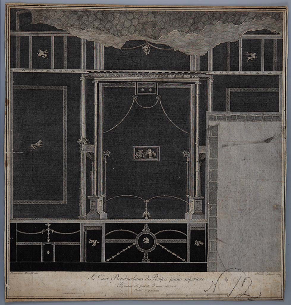 HGW24 Pompeii. East wall of antechamber on upper floor, with doorway to small room.
Panel showing Chariot pulled by two griffins, from the middle of a panel on the east wall. Drawing by Francesco Morelli. ADS 1139.
(Villa Diomedes Project – area 16.)  
(Fontaine 2.10).
Photo © ICCD. http://www.catalogo.beniculturali.it
Utilizzabili alle condizioni della licenza Attribuzione - Non commerciale - Condividi allo stesso modo 2.5 Italia (CC BY-NC-SA 2.5 IT)
