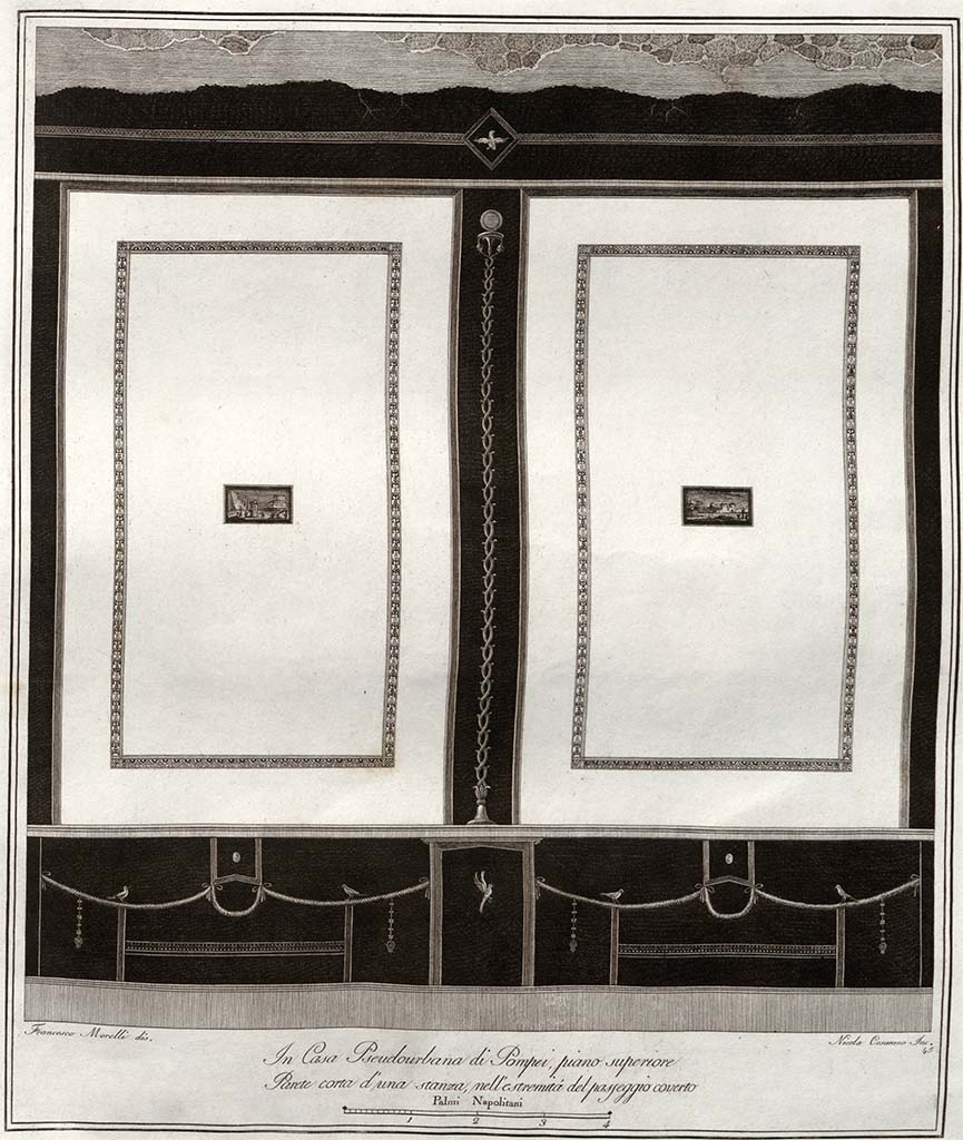 HGW24 Pompeii. Drawing by Francesco Morelli, incised by Cesarano.
“Parete di un stanza sita alla estremita del passagio coverto nel piano superiore”.
See Gli Ornati delle Pareti ed I Pavimenti delle Stanze dell’Antica Pompei, 1838, (No.45).
(Villa Diomedes Project – area 36).
(Fontaine, exedra 4,4, north or east wall),
