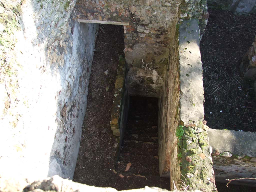 HGW24 Pompeii. December 2006. Looking south, down onto area to south of terrace. 
(Villa Diomedes Project – stairs at area 47).
(No.81 from the La Vega plan was found in the corridor at the side of the steps.)
