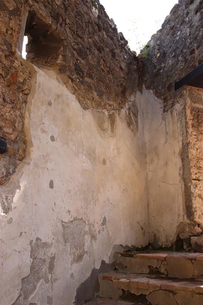 HGW24 Pompeii. Villa of Diomedes. May 2024. 
Detail of wall plaster on east side of steps up to north-east corner of front peristyle from lower level. 
Photo courtesy of Klaus Heese.
