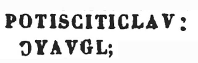 From PAH, addendum, p.126-127, 
Relazione delle antichita, che si vanno ritrovando nella masseria del sig. D. Giovanni Milano parsonaro, che si era principiata al di 14 Febbraro 1771. (Report of Antiquities found .....)
 “No.37. A di 8 maggio 1772. Si e trovato una regiola di terracotta di pal. 1 e 1/3 (terzo) per pal. 1, grossezza on.10. Questo pezzo tiene due buchi fatti per qualche uso, e nel mezzo vi e un merco circolare che non si distingue, circondato da questo iscrizione:
