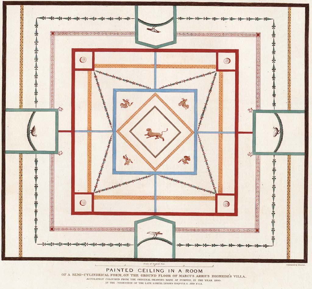 HGW24 Pompeii. Painting of painted ceiling in a room of a semi-cylindrical form, on the ground floor of the villa.
The note on the bottom says “Accurately coloured from the original drawing made at Pompeii in the year 1800 in the possession of the late Samuel Lysons Esq, F.R.S and F.S.A.”
See Cooke, Cockburn and Donaldson, 1827. Pompeii Illustrated: Vol. 2. London: Cooke, pl. 51.
