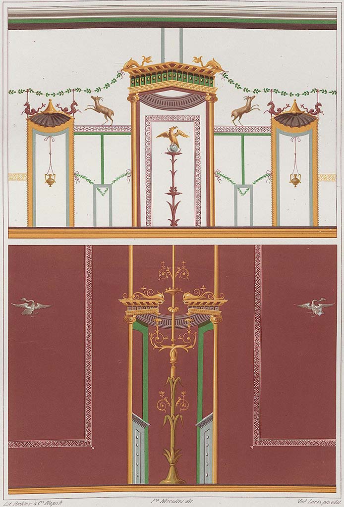 HGW24 Pompeii. 1862, painted wall from one of the rooms in the Villa. 
See Niccolini F, 1862. Le case ed i monumenti di Pompei: Volume Secondo. Napoli. Tavolo VI.
The lower red part may be separate from the upper white part.
(Villa Diomedes Project – area 56?)
