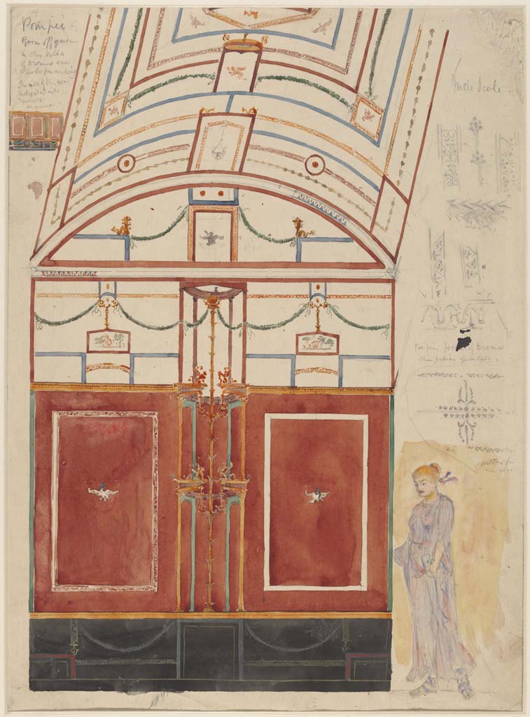 HGW24 Pompeii. c.1870’s. Painting by Sydney Vacher. 
Looking towards east wall and east end of vaulted ceiling in one of the rooms on the eastern side of the garden.
(Note: compared to the paintings/drawings below, this one does not seem to have vignettes with ducks, or an eagle in the centre of the upper wall.)
The side walls are divided into 3 panels, as shown in the small painting on the upper left.
Photo © Victoria and Albert Museum, inventory number E.4389-1910. 
(Fontaine, room 5,9?).
 
