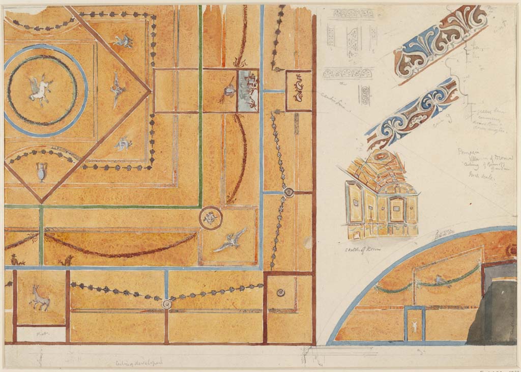 HGW24 Pompeii. c.1870’s. Painting by Sydney Vacher showing barrel-vaulted ceiling of one of the rooms on the lower floor on eastern side of garden.
On the right side are small painted details from the room.
Photo © Victoria and Albert Museum, inventory number E.4390-1910. 
(Fontaine, room 5,7).
