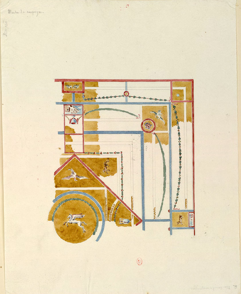 HGW24 Pompeii. Mai 1823? Watercolour sketch by Chenavard of details of part of the ceiling. 
Reproduction de la peinture du plafond d'une pièce (n°26 dans le plan de la Vega dans Pompeianarum Antiquitatum Historia, 1, pl. 4 = Chenavard, f. 91, pièce à l'est de n°28), dans la villa di Diomède.
See Chenavard, Antoine-Marie (1787-1883) et al. Voyage d'Italie, croquis Tome 3, pl. 109.
INHA Identifiant numérique : NUM MS 703 (3). See Book on INHA 
Document placé sous « Licence Ouverte / Open Licence » Etalab   
(Fontaine, room 5,7).
