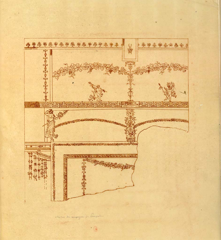 HGW24 Pompeii. Mai 1823? Drawing by Chenavard of part of the detail of a wall from large room on lower level.
Reproduction (technique ?) d'une peinture pariétale de la villa di Diomède (pièce non identifiée)
See Chenavard, Antoine-Marie (1787-1883) et al. Voyage d'Italie, croquis Tome 3, pl. 113.
INHA Identifiant numérique : NUM MS 703 (3). See Book on INHA 
Document placé sous « Licence Ouverte / Open Licence » Etalab   
(Fontaine, room 5,5).
