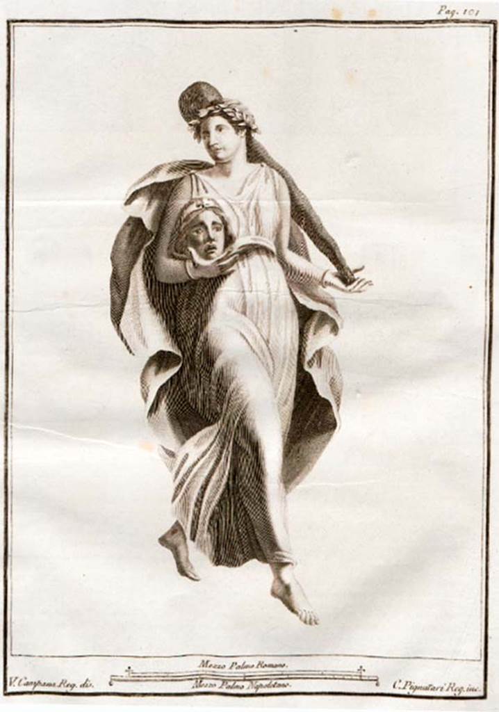 HGW24 Pompeii. 
To the” right” of the above painting, was a painting of a woman (a Muse) holding a tragic mask in her right hand, and a club balanced on her shoulder in her left hand.
See Le antichità di Ercolano esposte Tomo 7, Le Pitture Antiche di Ercolano 5, 1775. (p.101 no.22). 
