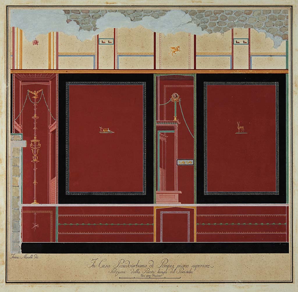 HGW24 Pompeii. Peristyle/atrium on upper floor, portion of long wall. Design by Francesco Morelli. 
Now in Naples Archaeological Museum. Inventory number ADS 1131.
(Villa Diomedes Project- area 2).
(Fontaine, Room 2d, peristyle, east wall. south of the door to courtyard 3. The sheet shows slight variations compared to ADS 1130 but corresponds exactly to the executed engraving in the "Gli Ornati" and would have been used as the template for the engraver.)
Photo © ICCD. https://www.catalogo.beniculturali.it
Utilizzabili alle condizioni della licenza Attribuzione - Non commerciale - Condividi allo stesso modo 2.5 Italia (CC BY-NC-SA 2.5 IT)
