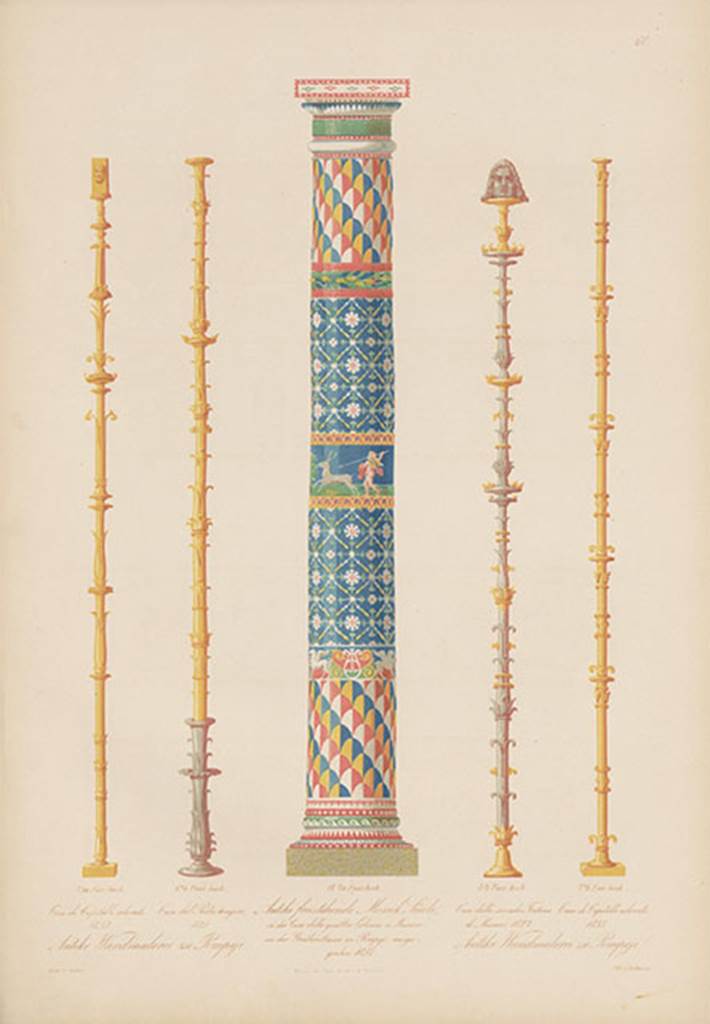 HGE12 Villa of the Mosaic Columns. 1870 painting by W. Zahn of one of the mosaic columns, centre. 
The other items shown are not from here.
See Zahn W., 1870. Ornamente aller klassischen Kunst-Epochen nach den Originalen in ihren eigenthümlichen Farben. Berlin: Reimer, p. 5, Taf. 60.
