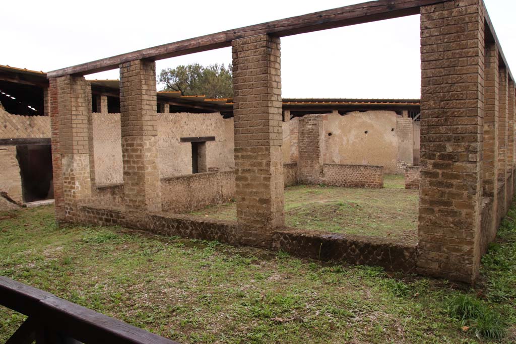 Villa San Marco, Stabiae, October 2020. Looking towards the rooms on the north-west side of the peristyle. Photo courtesy of Klaus Heese.