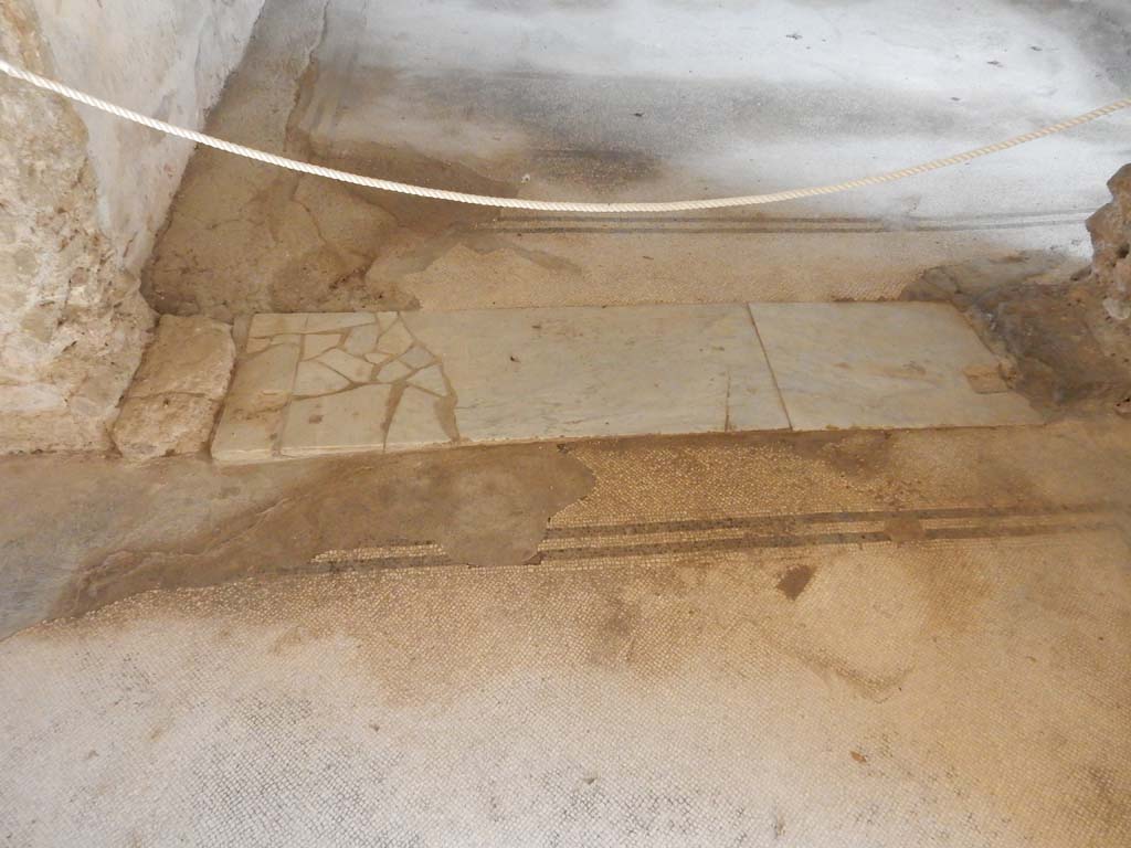 Villa San Marco, Stabiae, June 2019. Room 35, lower mosaic flooring, threshold to room 48, and its mosaic flooring, above threshold. 
Photo courtesy of Buzz Ferebee
