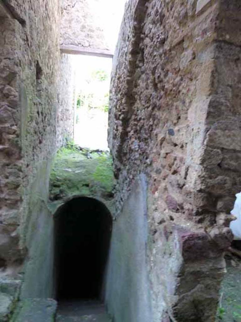 Villa of Mysteries, Pompeii. May 2010. Room 23 north side. Stairs down to cryptoporticus, and possible signs of stairs to upper floor in the east wall above.