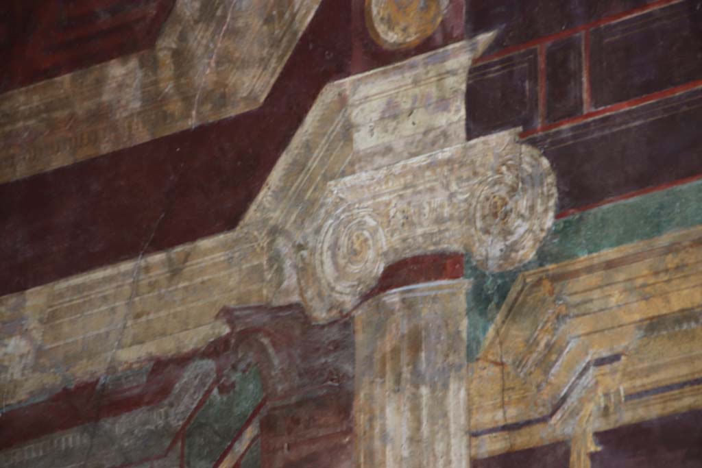 Villa of Mysteries, Pompeii. September 2021.
Room 6, detail of painted decoration on upper east wall of oecus. Photo courtesy of Klaus Heese.
