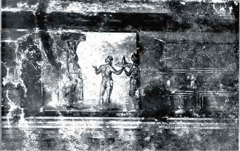 Pompeii. Villa of Mysteries. 1910. Room 4, old photo of wall painting of a sacrifice.