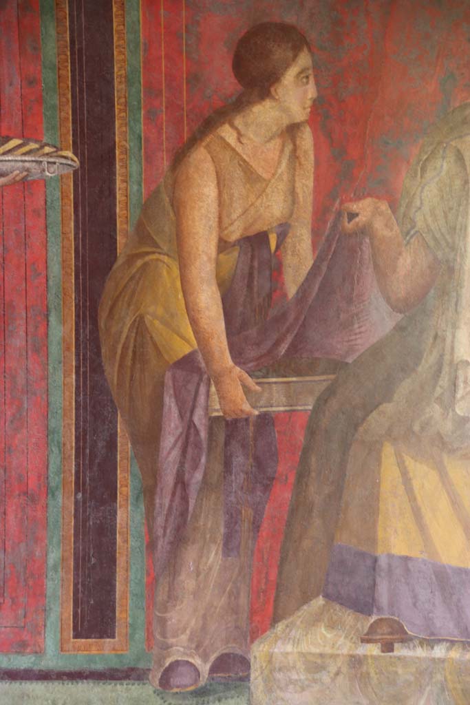 Villa of Mysteries, Pompeii. September 2021. Room 5, detail of figure from north wall. Photo courtesy of Klaus Heese.