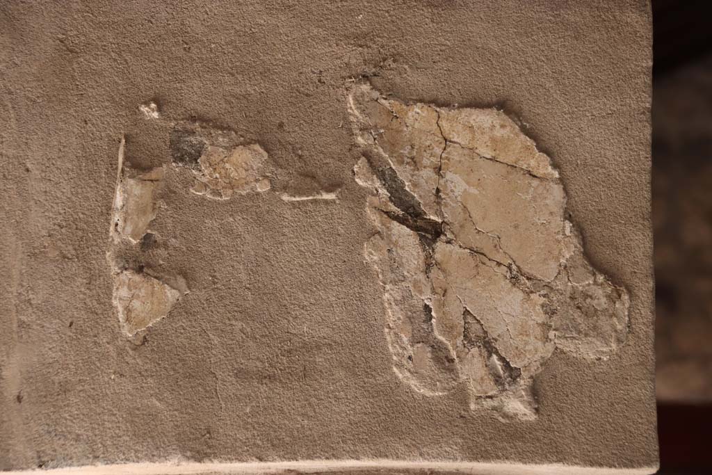 Villa Regina, Boscoreale. September 2021. 
South portico VII of room I, peristyle courtyard, detail of remaining plaster above column in south-east corner. Photo courtesy of Klaus Heese.
