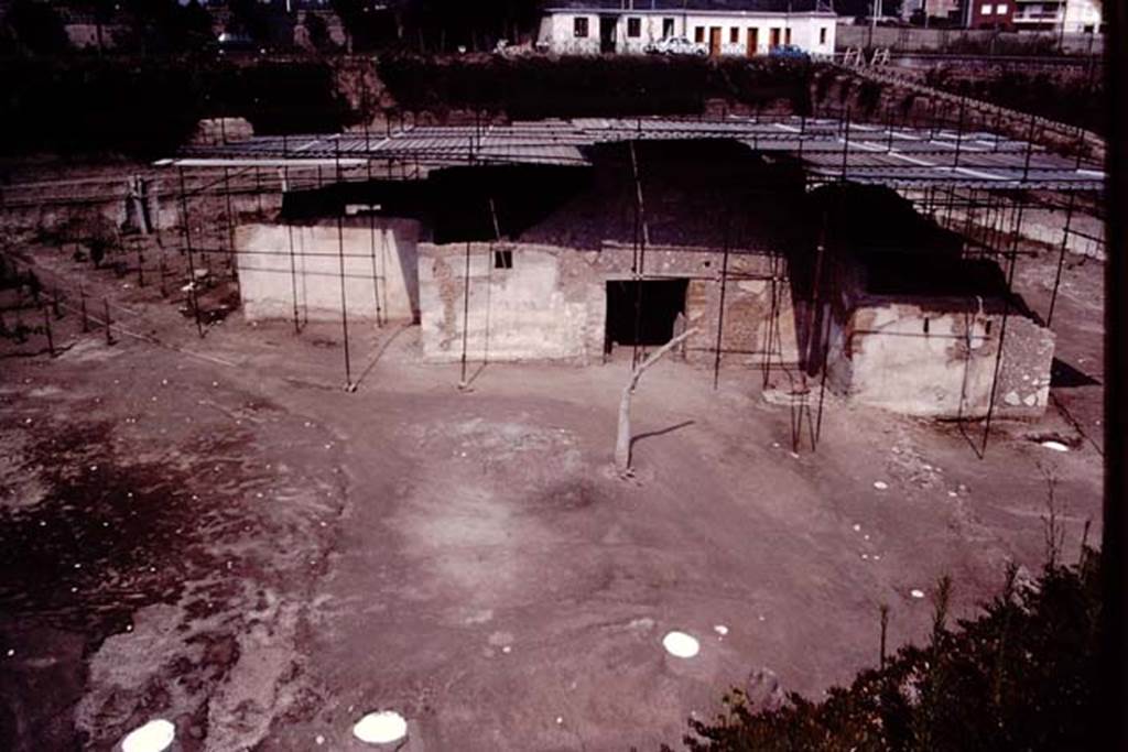 Villa Regina, Boscoreale. 1983. South side of villa with main entrance, with cast of tree in front.
The white tree root casts at the front border the country road that passed in front of the villa.
A roadway led from this to the front of the villa. 
A small country lane ran through the property and the path of this can be seen diagonally to the left.
See Jashemski, W. F., 1993. The Gardens of Pompeii, Volume II: Appendices. New York: Caratzas, p. 288, plan 128, figs. 316-7.
Source: The Wilhelmina and Stanley A. Jashemski archive in the University of Maryland Library, Special Collections (See collection page) and made available under the Creative Commons Attribution-Non Commercial License v.4. See Licence and use details.
J80f0600
